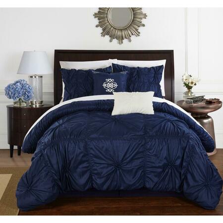 CHIC HOME Anda Floral Pinch Pleat Ruffled Designer Embellished Comforter Set - Navy - King - 6 Piece, 6PK CS1434-US